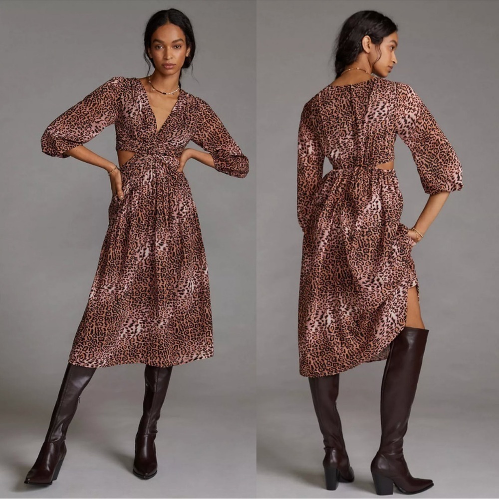 Ranna Gill Anthropologie Leopard Print Knotted Cut Out Midi Dress